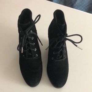 Michael Kors black suede pants 3” wedge lace up booties. Size 6.